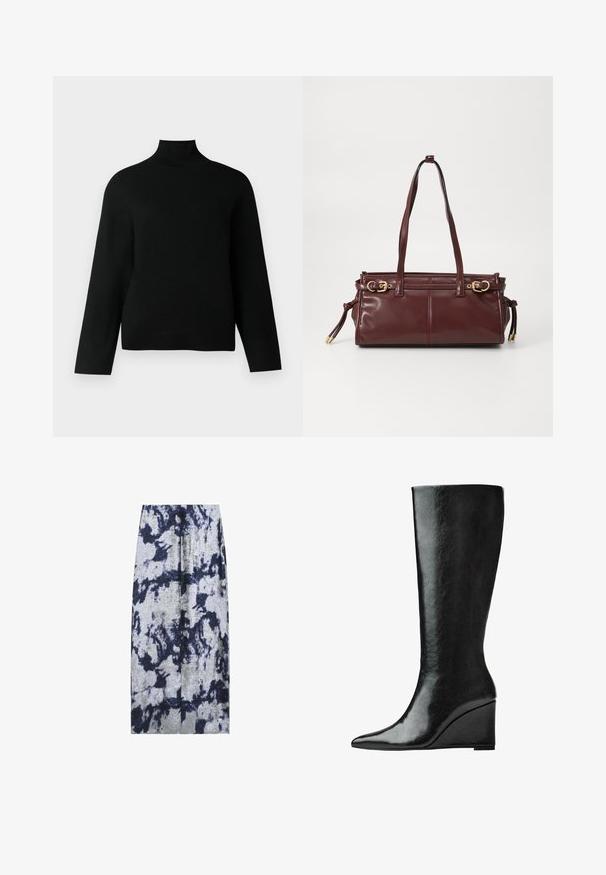 Schwarzer Rollkragenpullover aus weichem Strickstoff, mit langen Ärmeln und einem entspannten Schnitt. Glatte Textur ohne sichtbare Muster oder Akzente.; Silberner Rock mit einem Batikmuster in Dunkelblau und Schwarz. Verfügt über einen geraden Schnitt und einen Schlitz vorne für zusätzliche Details.; Knöchelhohe schwarze Lederstiefel mit schlanker, spitzer Zehenform und Wedge-Absatz. Die Oberfläche ist glatt mit einem glänzenden Finish.; Burgunderfarbene Ledertasche mit zwei Schulterriemen, goldfarbenen Beschlägen und einem Reißverschluss. Verfügt über eine glatte Textur und subtile Nahtdetails.