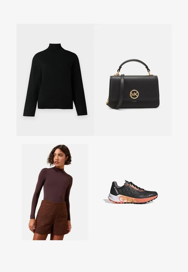 Černý rolák vyrobený z měkké pleteniny, s dlouhými rukávy a volným střihem. Hladký povrch bez viditelných vzorů nebo akcentů.; Hnědý dlouhý rukáv bodysuit doplněný texturovanými hnědými pletenými šortkami. Bodysuit má vysoký límec, zatímco šortky mají strukturovaný design.; Černá běžecká obuv s Gore-Tex svrškem, růžovými akcenty, texturovanou podrážkou a výrazným brandingem. Lehký design pro výkon v přírodě.; Černá kožená kabelka se strukturovaným designem, se zlatým kulatým logem, horní rukojetí a odnímatelným ramenním popruhem.; Zlaté obdélníkové hodinky s bílým ciferníkem, minimalistickými číslicemi a kovovým síťovaným páskem. Obsahují boční korunku pro nastavení času.