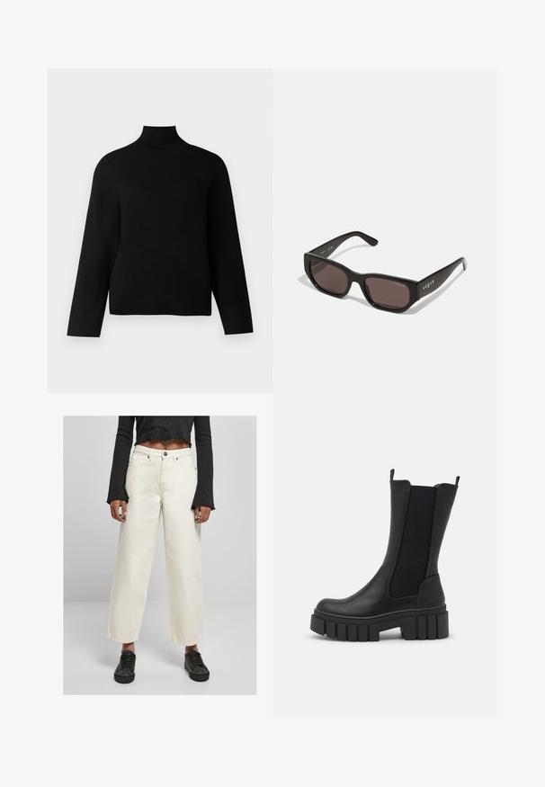 Čierny rolák z jemného pleteného materiálu, so širokými rukávmi a voľným strihom. Hladká textúra bez viditeľných vzorov alebo akcentov.; Široké nohavice z off-white denimu s vysokým pásom, pevným materiálom a predným zapínaním na gombík; skombinované s čiernym krátkym topom s dlhým rukávom.; Čierne ankle boots s kombináciou umelej kože a elastických bočných panelov. Masívna platformová podrážka s vertikálnymi drážkami pre lepšiu priľnavosť.; Čierne obdĺžnikové slnečné okuliare s tmavými sklami. Majú hladký plastový rám a detail loga na bočnej časti. Čistý, moderný dizajn.; Michael Kors zápästná taška v béžovej potiahnutej plátenej tkanine s opakujúcim sa vzorom loga MK, zlatým kovania a odnímateľným reťazovým popruhom.