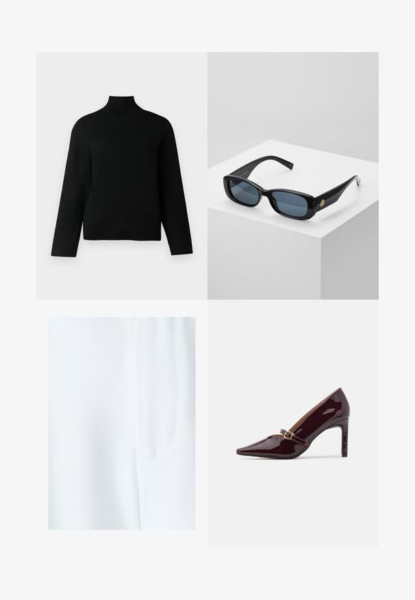 Must melamine särg, mis on valmistatud pehmest kudumist, pikad varrukad ja lõdva lõikega. Sile tekstuur, ilma nähtavate mustrite või aktsentideta.; BWLDR ADREW - Lühikesed püksid - off white; Patente tume burgundi kõrge kontsaga kingad terava nina, pahkluu rihmaga, mis sisaldab kuldseid detaile, ja särav, poleeritud viimistlus. Karkassilt kõrgendatud stilletokonts.; Mustad ristkülikukujulised prillid, millel on sinised toonitud läätsed, paksud raamid ja kuldne ümmargune aksent külgedel. Sleek, läikiv viimistlus.; Burgundi värvi käekott, mis on valmistatud sünteetilisest materjalist, struktureeritud disainiga, eemaldatava rihma ja käepideme külge seotud lillemustrilise salliga.