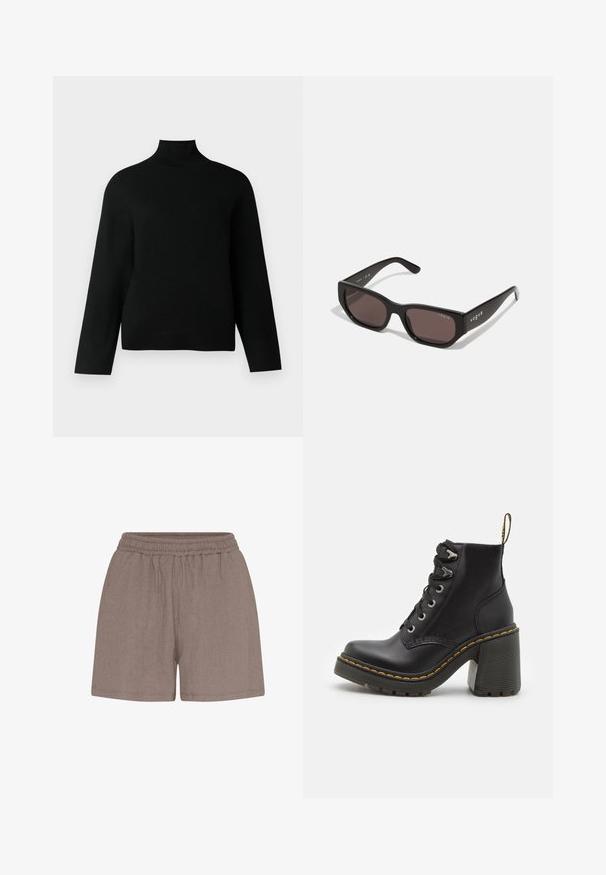 Black turtleneck sweater made of soft knit fabric, featuring long sleeves and a relaxed fit. Smooth texture with no visible patterns or accents.; Brown, textured shorts with an elastic waistband. Features a relaxed fit and simple construction, suitable for casual wear.; Black leather ankle boot featuring a chunky high heel, lace-up front, metal eyelets, and yellow stitching along the sole. Textured rubber outsole.; Black rectangular sunglasses with dark lenses. Features a smooth plastic frame and logo detail on the temple. Clean, modern design.; Burgundy handbag made of synthetic material with a structured design, featuring a detachable strap and a floral-patterned scarf tied to the handle.