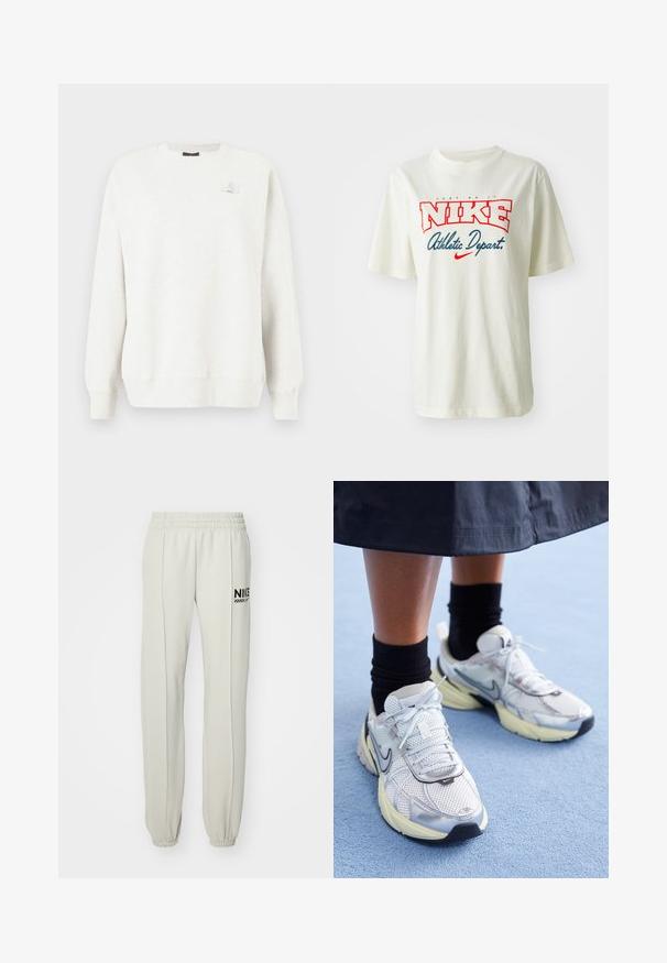 Világosszürke pulóver kerek nyakkal, bordázott mandzsettákkal és szegéllyel. Kicsi logóval ellátott folt a mellkason. Puha, struktúrált anyag.; Fehér pamut póló, piros és kék "NIKE" logóval, a "Just Do It" felirattal felül és az "Athletic Depart." felirattal alul, rövid ujjú, kerek nyakú.; Világosszürke, pamut keverék sportnadrág, elasztikus derékkal, bordás mandzsettával és fekete Nike logóval a bal combon.; Fehér és ezüst Nike sportcipők hálós anyagból, fényvisszaverő részletekkel és bézs talppal. Fekete zoknival viselve, egy kék felületen állva.