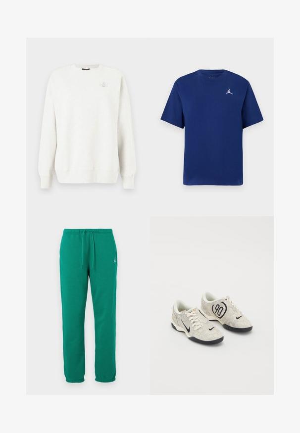Lichtgrijze sweatshirts met een ronde hals, ribgebreide manchetten en onderkant. Bevat een klein logo-oprits op de borst. Zacht, gestructureerd materiaal.; Navyblauwe katoenen T-shirt met korte mouwen, ronde hals en het witte Jumpman-logo op de borst. Eenvoudig, klassiek ontwerp.; Groene sweatpants van een katoenmix, met een elastische tailleband en een trekkoord, en een zijzak. Klassiek recht model.; Nike sneakers met een beige en grijze textuur bovenkant, zwarte accenten, een groot "90" logo en een witte vetersluiting. Zwarte zool.