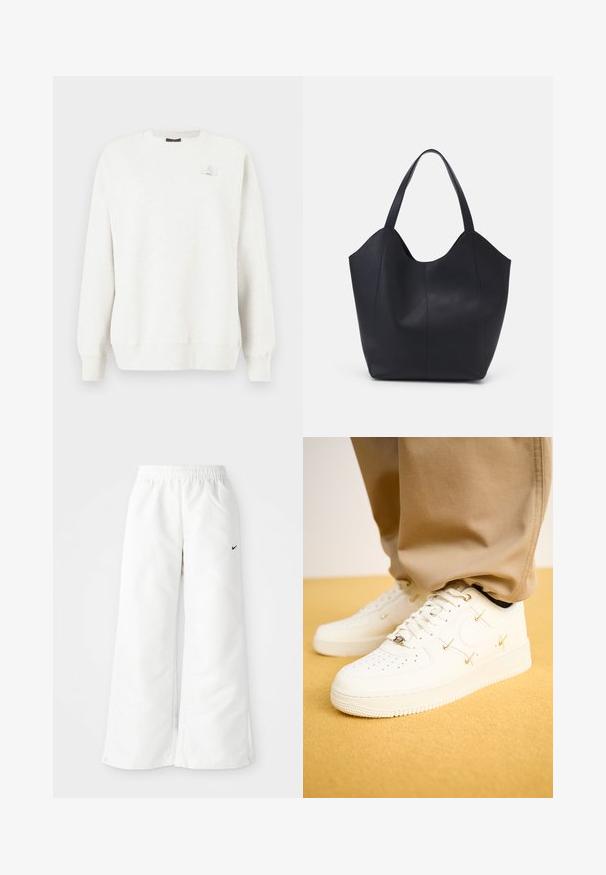 Sweatshirt gri deschis cu guler rotund, manșete și tiv ribbate. Prezintă un mic patch cu logo pe piept. Material moale, texturat.; Pantaloni sportivi albi cu un design cu picioare largi, talie elastică și un mic logo Nike negru pe partea stângă. Material neted și ușor.; Tenisi din piele albă cu vârf perforat, accente aurii și șireturi plate, asortați cu pantaloni bej, pe o suprafață texturată galbenă.; Geantă de umăr neagră, realizată din piele netedă, cu un design minimalist, având un vârf deschis curbat și două mânere pentru umăr.