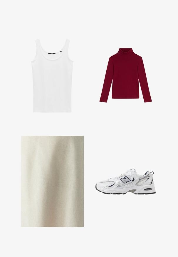 Burgunderfarbenes Rollkragenoberteil mit langen Ärmeln, aus weichem, dehnbarem Stoff; hat ein tailliertes Design und ein kleines Logo-Detail nahe dem Saum.; Weißes Tanktop aus glattem Stoff, mit rundem Ausschnitt und breiten Trägern. Einfaches Design ohne sichtbare Muster oder Akzente.; Helles beige Gewebe mit subtiler Textur und gleichmäßigem Gewebe, das weiche Falten und Knitter zeigt, geeignet für verschiedene textile Anwendungen.; Weißer Sportschuh mit Mesh-Obermaterial, navyblauen Akzenten und gepolsterter Sohle. Verfügt über das "N"-Logo, Schnürsenkel und eine strukturierte Detailverarbeitung an der Seite.