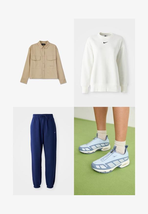 White crewneck sweatshirt made of soft cotton with dropped shoulders and a black Nike logo centered on the chest. Ribbed cuffs and hem.; Beige long-sleeve shirt made of soft fabric, featuring button closure, two chest pockets, and a straight hem. Subtle logo embroidery on front.; Navy blue sweatpants made of soft fabric, featuring an elastic waistband with drawstring, elastic cuffs, and a small white logo.; Light blue athletic shoes with white accents, textured panels, and a zip closure. Features a visible air cushioning sole and rubber outsole.