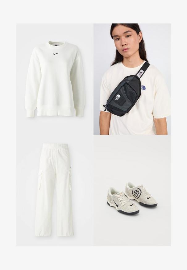 Maglione bianco con collo rotondo realizzato in morbido cotone, con spalle scese e un logo Nike nero centrato sul petto. Polsini e orlo a coste.; Pantaloni cargo bianchi con design a gamba larga, dotati di una cintura elastica e tasche laterali. Tessuto texturizzato con una finitura liscia.; Sneakers Nike con una parte superiore testurizzata beige e grigia, dettagli neri, un grande logo "90" e una chiusura con lacci bianchi. Suola nera.; The North Face PACK UNISEX - Marsupio - black/asphalt grey