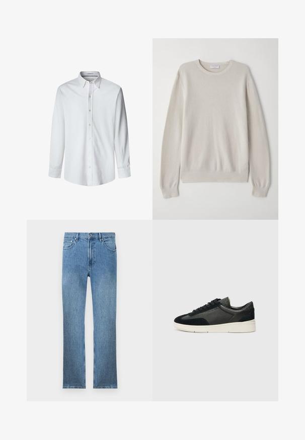Helles beige Sweatshirt aus weichem Strickstoff. Rundhalsausschnitt, lange Ärmel, gerippte Bündchen und Saum mit subtilen Texturdetails.; Weißes Langarmhemd aus glattem Stoff, mit Button-Down-Kragen und vorderen Knöpfen sowie geradem Schnitt am Saum.; Hellblaue Jeans aus Denim mit geradem Schnitt, fünf Taschen, einem Reißverschluss und kontrastierender Naht. Der Stoff hat eine glatte, strukturierte Oberfläche.; Niedrig geschnittene Sneaker aus einer Mischung aus schwarzem Wildleder und strukturiertem Leder, mit einer weißen Gummisohle und schwarzen Schnürsenkeln. Dezente Markenkennzeichnung an der Seite.