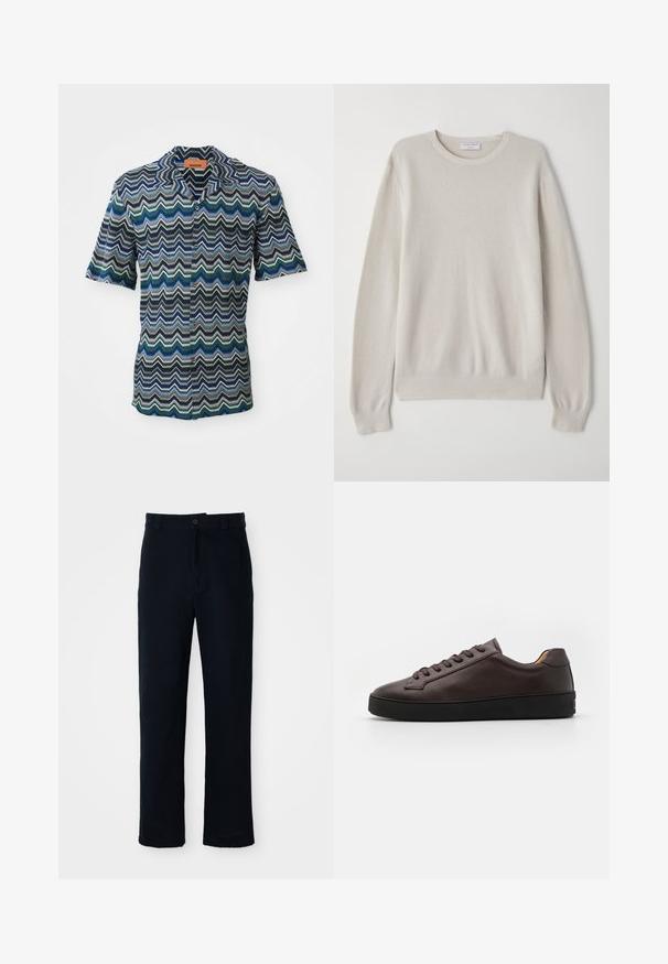 Lichtbeige trui van zacht breiwerk. Ronde halslijn, lange mouwen, ribgebreide manchetten en zoom met subtiele textuurdetails.; Korte mouw knoopshirt met een zigzagpatroon in marineblauw, groen en lichtblauw op een gestructureerde stof. Label bij de halslijn.; Marineblauwe broeken van katoen, met een recht model, een sluiting met een knoop aan de voorkant en een klassieke tailleband met riemlussen.; Bruine leren sneaker met een gladde textuur, ronde teen en zwarte rubberen zool. Heeft tonale veters en minimalistische ontwerpelementen.