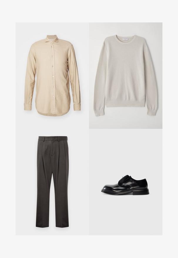 Light beige sweater made of soft knit fabric. Crew neckline, long sleeves, ribbed cuffs, and hem with subtle texture detail.; Beige long-sleeve shirt made of lightweight fabric, featuring a button-up front, spread collar, and a curved hem with subtle texture.; Dark gray trousers made from textured fabric, featuring a flat front, pleats, straight legs, and belt loops. No visible hardware or patterns.; Black leather dress shoe with a rounded toe, smooth finish, lace-up design, and a stacked heel. Minimalist style with no visible logos.