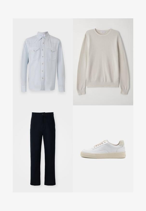 Lys beige genser laget av mykt strikket stoff. Rund hals, lange ermer, ribbede mansjetter og nederkant med subtile teksturdetaljer.; Lyseblå, langermet skjorte med krave. Har to brystlommer, sølvknapper og en glatt tekstur.; Navyblå bukser laget av bomull, med rett ben-design, frontlukking med knapp og klassisk midje med beltehanker.; Hvit sneaker med en glatt skinnoverdel, beige snørebånd og en teksturert beige semsket hælflik. Hevet såle for ekstra høyde.