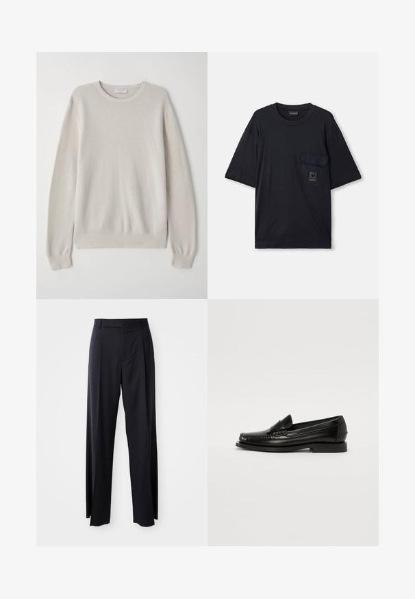 Világos bézs pulóver, puha kötött anyagból készült. Kerek nyakkivágás, hosszú ujjak, bordás mandzsetták és szegély, finom textúrával.; Fekete, rövid ujjú, kerek nyakú póló, bal mellen egy zsebből álló, kis téglalap alakú logóval.; Fekete, magasan ültetett nadrág, széles szárai vannak, sima anyagból készült. Elülső redők és övhurkok jellemzik. Minimalista dizájn, látható fémalkatrészek nélkül.; Fekete bőr loaferek sima felülettel, varrott dizájnnal, alacsony sarokkal és kerek orral, klasszikus sziluettet mutatva.