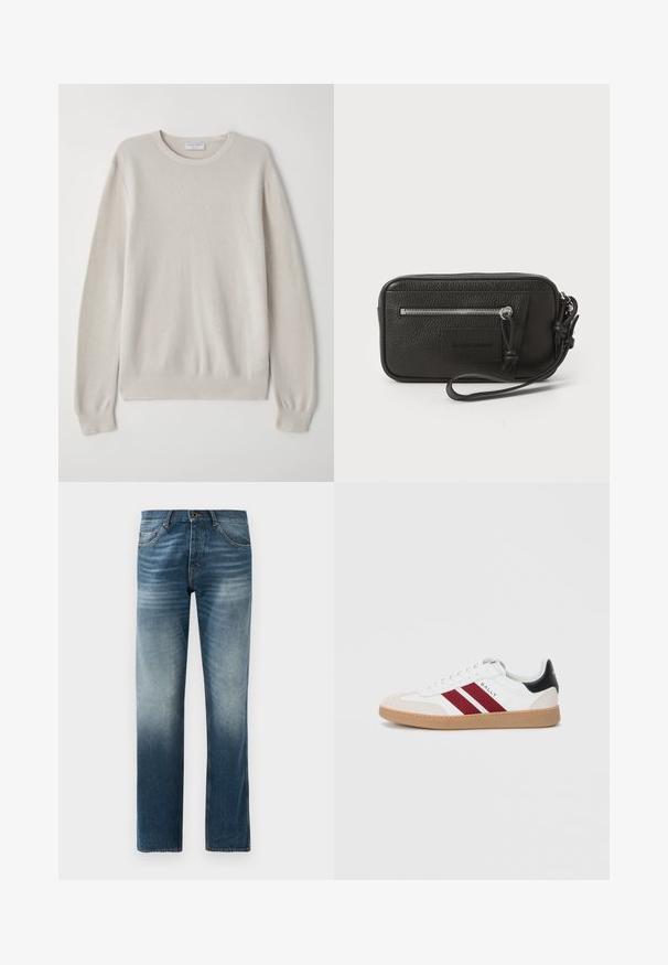 Lys beige sweater lavet af blød strikstof. Rund hals, lange ærmer, ribbede manchetter og kant med subtil teksturdetalje.; Denim jeans i mørkeblå farve med lysning, lige ben-design. Har fem lommer, standard talje med bæltestropper og metalknaplukning.; Hvide lavtop sneakers med to bordeaux striber, en ruskind tåhætte og en sort detalje ved hælen, samt en gummisål.; Sort læder clutch med struktureret overflade, frontlynlåslomme og aftageligt håndledsrem. Har et logo patch på forsiden. Firkantet form.