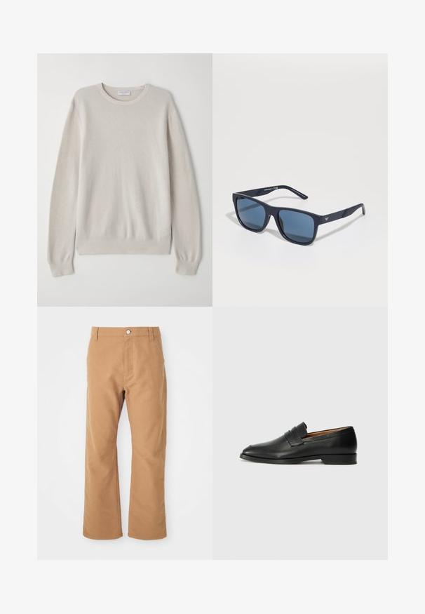 Pull beige clair en tricot doux. Col rond, manches longues, poignets côtelés et ourlet avec un subtil détail de texture.; Pantalons en coton marron avec un design à jambe droite, dotés d'une fermeture à un bouton et de coutures subtiles pour un détail supplémentaire.; Mocassin en cuir noir avec un bout arrondi, des coutures subtiles et un talon bas, présentant une texture lisse et un design minimaliste.; Lunettes de soleil rectangulaires bleues avec verres foncés, monture mate marine, détail de logo sur la branche, branches droites et texture lisse et uniforme.