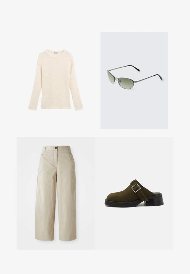 Strikket sweater i creme, med rund halsudskæring, lange ærmer, løs pasform og frynse-detaljer ved kanten og manchetterne.; Beige høj talje vide bukser med knap- og lynlås lukning, bæltestropper og sidelommer, præsenteret på en hvid baggrund.; Olivengrøn ruskinds mule med en lav, chunky sort hæl. Har en sidestraps med en sølvspænde til justering. Glat tekstur hele vejen rundt.; Metal solbriller med aflange grønne linser, slank sølvramme og sorte tempeltips. Har små næsepuder for komfort.