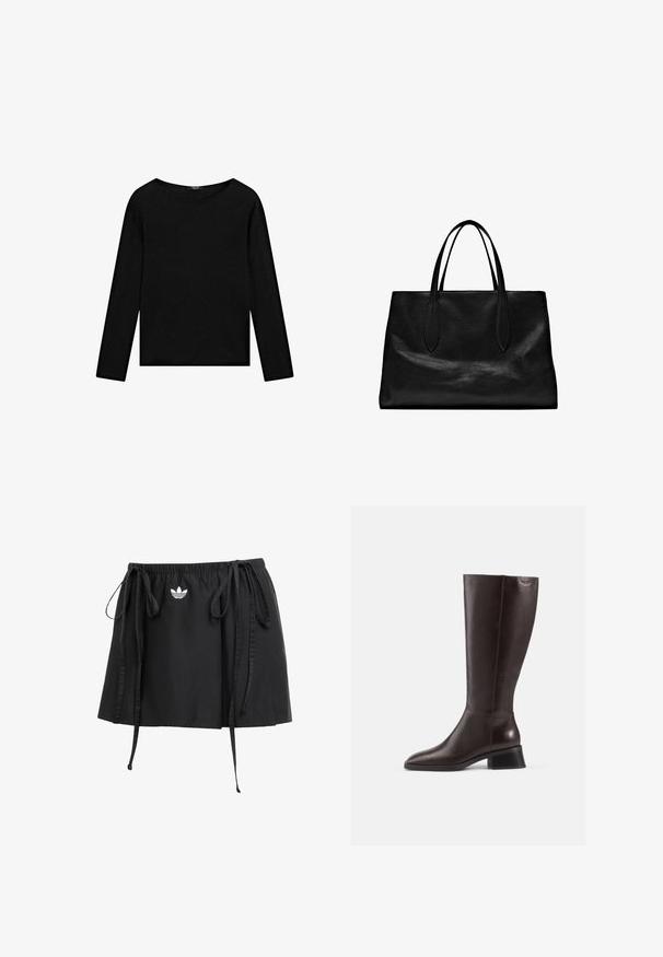 Černý top s dlouhými rukávy a lodičkovým výstřihem, vyrobený z měkké látky s hladkou texturou a s rovným spodním lemem.; Černá sportovní sukně s nastavovacími šňůrkami, s malým bílým logem vpředu. Vyrobena z lehkého materiálu s hladkou strukturou.; Hnědé kožené boty po kolena s hladkým povrchem, kulatou špičkou a černým podpatkem. Jednoduchý design s minimem kovových detailů.; Černá kožená taška na rameno s dvěma dlouhými uchy, strukturovaným tvarem, hladkou texturou a minimalistickým designem. Žádné viditelné kovové prvky ani ozdoby.