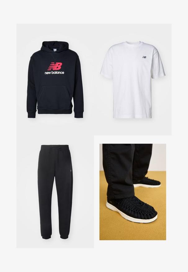Zwarte hoodie met een groot rood en wit "New Balance" logo op de voorkant, voorzien van een kangoeroezak en geribde manchetten.; Witte korte mouwen crew neck T-shirt met klein zwart New Balance-logo op de linkerkant van de borst tegen een effen achtergrond.; Zwarte joggingbroek van zacht materiaal met een elastische tailleband, trekkoord en taps toelopende manchetten, met een subtiele logo aan de zijkant.; Zwarte sneaker met bovenwerk van gevlochten stof, ronde neus en witte zool. Vetersysteem bovenaan en gedetailleerde textuur over het lichaam.