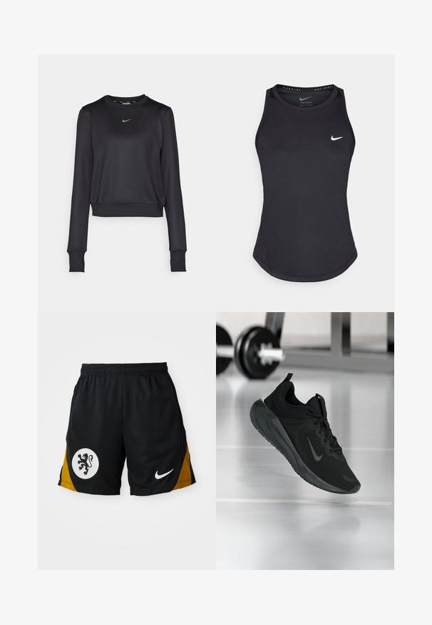 Sudadera corta negra hecha de tela suave, con un cuello redondo, mangas largas y un pequeño logo azul de Nike en el pecho.; Camiseta sin mangas negra de deporte hecha de material que absorbe la humedad. Presenta un escote redondo, un corte ajustado y el logotipo blanco de Nike en el pecho.; Pantalones cortos deportivos negros con un panel de acento amarillo, un emblema circular blanco con un león negro y un logo de Nike blanco en el dobladillo.; Zapatilla deportiva negra con el logo de Nike, mostrada en el aire sobre el suelo del gimnasio, con un soporte de mancuernas desenfocado en el fondo.