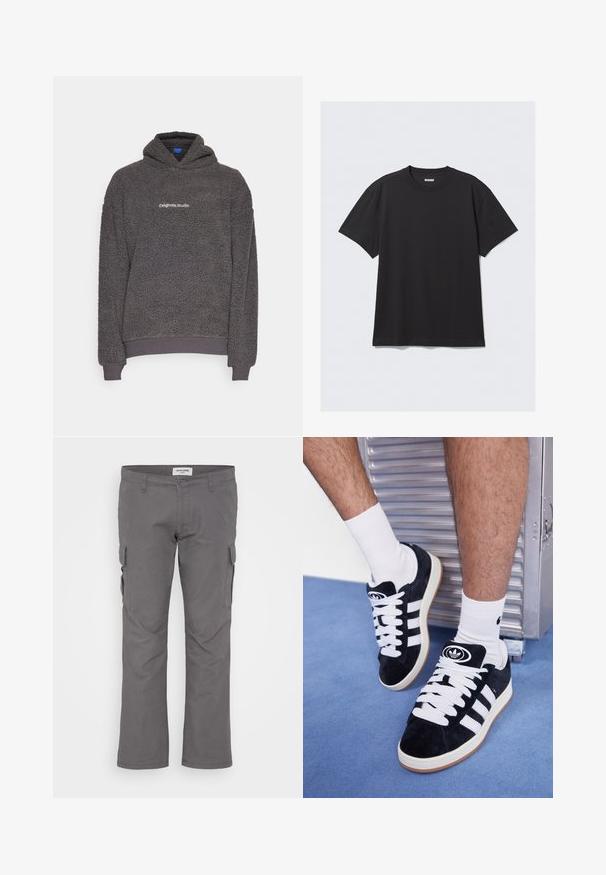 Dark gray, textured fleece hoodie with “originals Studio” text printed on the chest, ribbed cuffs and hem, displayed on a plain background.; Black short-sleeve t-shirt made of cotton. Features a crew neckline and a relaxed fit. Simple design with no patterns or accents visible.; Gray cargo pants with a straight fit, made of cotton blend fabric. Features multiple side pockets and a standard waist. Smooth texture.; Black suede sneakers with white laces and three white stripes. Features a circular black logo on the tongue and a gum rubber sole.