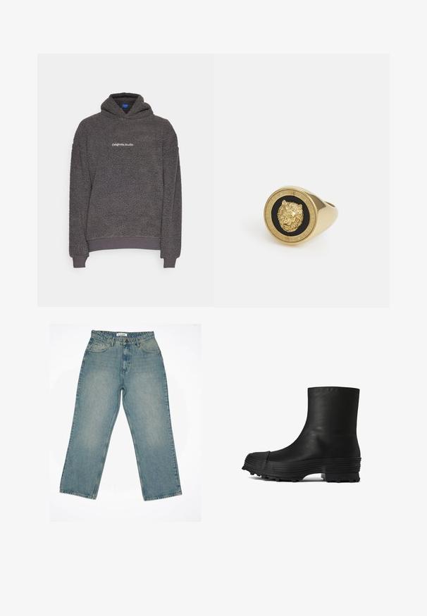 Dunkelgrauer, strukturierter Fleece-Hoodie mit dem auf der Brust aufgedruckten Text "originals Studio", gerippte Bündchen und Saum, auf einem schlichten Hintergrund präsentiert.; Weißes T-Shirt mit kurzen Ärmeln aus weicher Baumwolle. Es hat einen Rundhalsausschnitt und eine lockere Passform, mit einer glatten Textur und einem klaren, schlichten Design.; Hellblaue Denim-Jeans mit hoher Taille und weitem Bein. Verfügt über vordere Taschen, einen Reißverschluss und sichtbare Nähte.; CAMPERLAB TRAKTORI - Stiefelette - schwarz; Goldfarbener Ring mit einem erhabenen Löwenmotiv auf schwarzem Hintergrund, umrandet von einem kreisförmigen Band, auf dem der Markenname eingraviert ist.