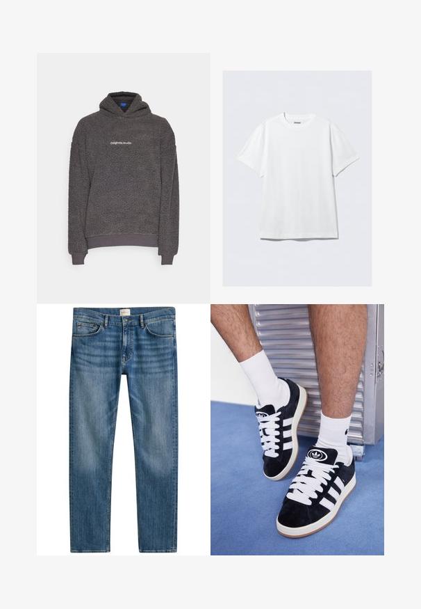 Tamsiai pilkas, tekstūruotas fliso džemperis su užrašu "originals Studio" ant krūtinės, su gofruotomis rankogaliais ir apatine dalimi, rodomas ant vienspalvio fono.; Balta trumpa rankovėmis marškinėliai, pagaminti iš minkštos medvilnės. Turi apvalų iškirpimą ir laisvą siluetą, su lygaus paviršiaus ir švariu, nenutapytu dizainu.; Mėlynos džinsinės kelnės su tiesiu kirpimu, turinčios penkis kišenių, mygtuko užsegimą ir šiek tiek išblukusį audinį tekstūrai.; Juodos zomšos sportbačiai su baltais raišteliais ir trimis baltais dryžiais. Ant liežuvėlio yra apvalus juodas logotipas, o pado medžiaga – guminė.