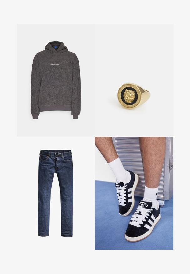Sudadera con capucha de felpa texturizada en gris oscuro, con el texto "originals Studio" impreso en el pecho, puños y dobladillo acanalados, presentada sobre un fondo liso.; Camiseta blanca de manga corta hecha de algodón suave. Presenta un cuello redondo y un corte holgado, con una textura suave y un diseño limpio y sin adornos.; Jeans de denim azul oscuro con un corte slim, cinco bolsillos y una cinturilla estándar. Presenta costuras visibles y accesorios de metal.; Zapatillas de ante negras con cordones blancos y tres rayas blancas. Presentan un logotipo circular negro en la lengüeta y una suela de goma color caramel.; Anillo en tono dorado con un motivo de león en relieve sobre un fondo negro, enmarcado por una banda circular grabada con el nombre de la marca.