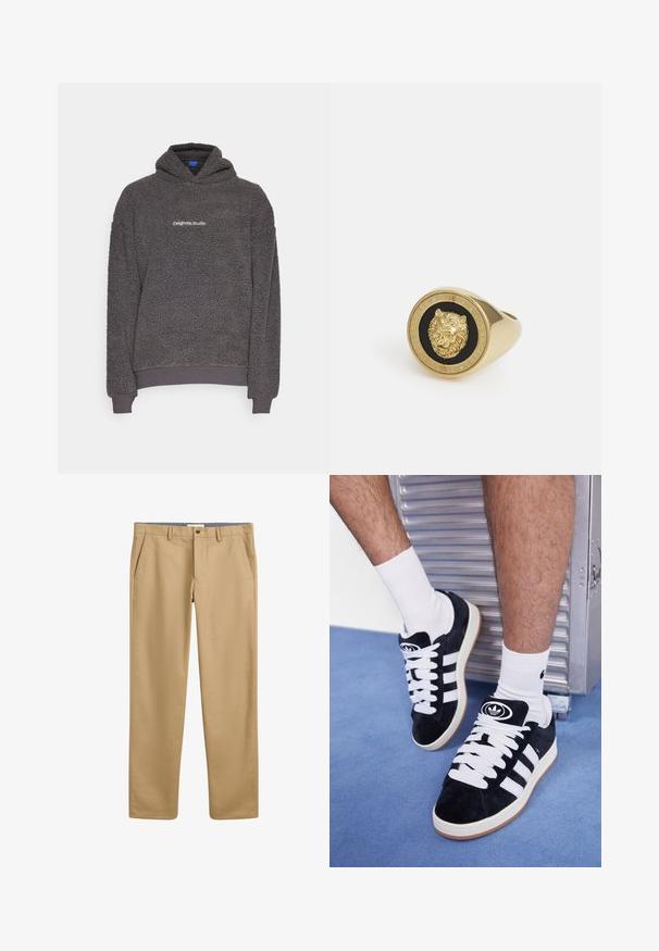 Dunkelgrauer, strukturierter Fleece-Hoodie mit dem auf der Brust aufgedruckten Text "originals Studio", gerippte Bündchen und Saum, auf einem schlichten Hintergrund präsentiert.; Weißes T-Shirt mit kurzen Ärmeln aus weicher Baumwolle. Es hat einen Rundhalsausschnitt und eine lockere Passform, mit einer glatten Textur und einem klaren, schlichten Design.; Beige Chinos mit geradem Bein, ausgestattet mit Fronttaschen und einem Knopfverschluss. Hergestellt aus weichem, strukturiertem Stoff.; Schwarze Wildledersneaker mit weißen Schnürsenkeln und drei weißen Streifen. Verfügt über ein kreisförmiges schwarzes Logo auf der Zunge und eine Gummisohle.; Goldfarbener Ring mit einem erhabenen Löwenmotiv auf schwarzem Hintergrund, umrandet von einem kreisförmigen Band, auf dem der Markenname eingraviert ist.