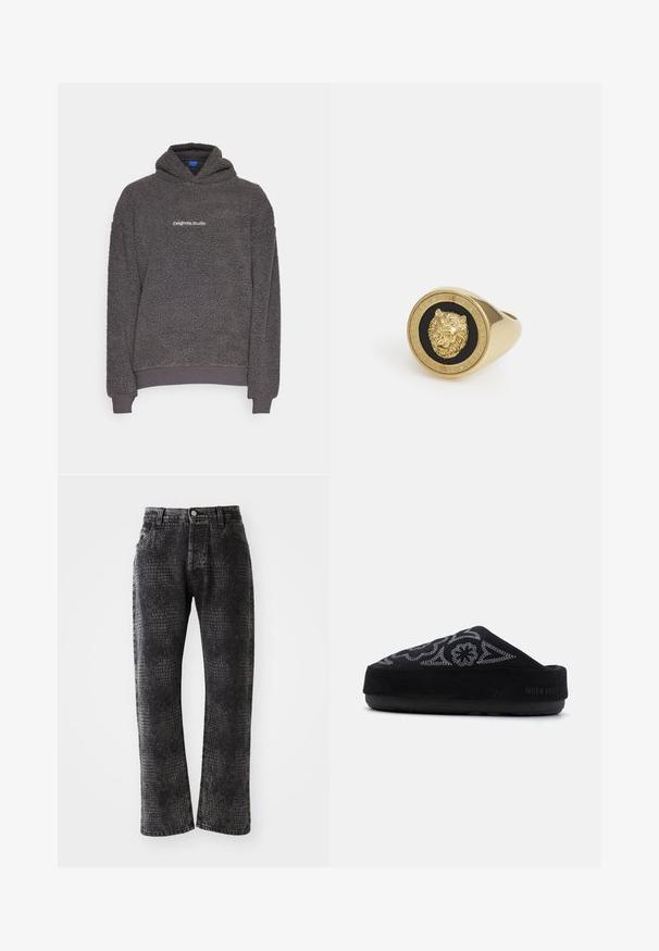 Tumma harmaa, teksturoitu fleece-huppari, jossa on "originals Studio" -teksti painettuna rintaan, ribbaatut hihat ja helma, esiteltynä yksinkertaisella taustalla.; Valkoinen lyhythihainen t-paita, joka on valmistettu pehmeästä puuvillasta. Siinä on pyöreä kaula-aukko ja rento leikkaus, sekä sileä pinta ja siisti, koristamaton muotoilu.; Musta farkut, joissa on tekstuurinen krokotiilikuosi, suora lahjesuunnittelu, viisi taskua sekä metallinen nappi ja vetoketjukiinnitys.; Mustat mokkanahkasaappaat, joissa on brodeerattu kuvio, pyöreä kynsi, paksu pohja ja teksti "MOON BOOT" kannassa. Strukturoidun pinta.; Kultainen sormus, jossa on kohotettu leijonamotiivi mustalla taustalla, kehystettynä ympyrämutkalla, johon on kaiverrettu brändin nimi.