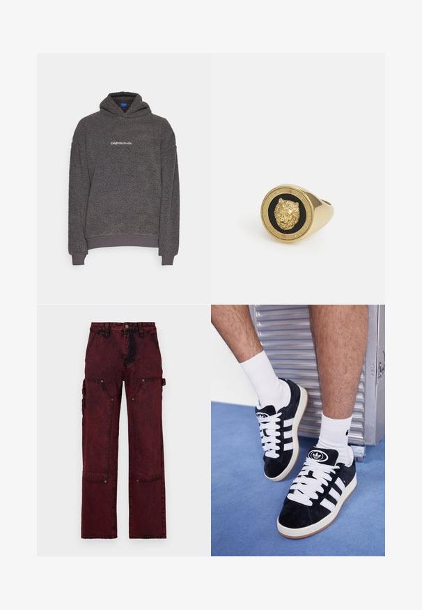 Tumma harmaa, teksturoitu fleece-huppari, jossa on "originals Studio" -teksti painettuna rintaan, ribbaatut hihat ja helma, esiteltynä yksinkertaisella taustalla.; Valkoinen lyhythihainen t-paita, joka on valmistettu pehmeästä puuvillasta. Siinä on pyöreä kaula-aukko ja rento leikkaus, sekä sileä pinta ja siisti, koristamaton muotoilu.; Punat cargo-housut tekstuuripinnalla, joissa on suuret etupockets, metalliosat ja rento suora lahje.; Mustat mokkasneakersit, joissa on valkoiset nauhat ja kolme valkoista raitaa. Kengissä on ympyrän muotoinen musta logo kielen päällä ja kuminen pohja.; Kultainen sormus, jossa on kohotettu leijonamotiivi mustalla taustalla, kehystettynä ympyrämutkalla, johon on kaiverrettu brändin nimi.