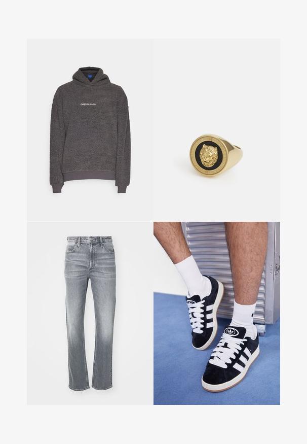 Sweatshirt de capuz em fleece texturado cinza escuro com o texto "originals Studio" impresso no peito, com punhos e bainha canelados, apresentado em um fundo simples.; T-shirt branca de manga curta feita de algodão suave. Apresenta um decote redondo e um corte descontraído, com uma textura lisa e um design limpo e sem adornos.; Jeans de ganga cinza com corte reto, apresentando um design clássico de cinco bolsos, passadores de cinto e um desvanecimento subtil para textura.; Sapatilhas de camurça pretas com atacadores brancos e três riscas brancas. Apresentam um logotipo circular preto na língua e uma sola de borracha tan.; Anel em tom dourado com um motivo de leão elevado sobre um fundo preto, emoldurado por uma banda circular gravada com o nome da marca.