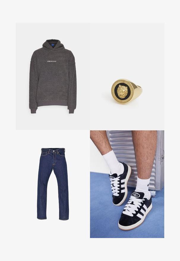 Dark gray, textured fleece hoodie with “originals Studio” text printed on the chest, ribbed cuffs and hem, displayed on a plain background.; White short-sleeve t-shirt made of soft cotton. Features a crew neck and relaxed fit, with a smooth texture and clean, unadorned design.; Dark blue denim jeans with a straight-leg fit, five pockets, and contrast stitching. Features a button fly and metal rivets.; Black suede sneakers with white laces and three white stripes. Features a circular black logo on the tongue and a gum rubber sole.; Gold-tone ring featuring a raised lion motif on a black background, framed by a circular band engraved with the brand name.