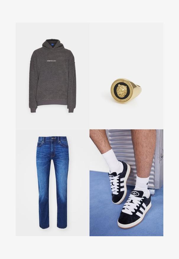 Sudadera con capucha de felpa texturizada en gris oscuro, con el texto "originals Studio" impreso en el pecho, puños y dobladillo acanalados, presentada sobre un fondo liso.; Camiseta blanca de manga corta hecha de algodón suave. Presenta un cuello redondo y un corte holgado, con una textura suave y un diseño limpio y sin adornos.; Vaqueros de mezclilla azul con corte recto, con cintura de altura media, bolsillos clásicos y un ligero desvanecimiento en la parte delantera y los muslos.; Zapatillas de ante negras con cordones blancos y tres rayas blancas. Presentan un logotipo circular negro en la lengüeta y una suela de goma color caramel.; Anillo en tono dorado con un motivo de león en relieve sobre un fondo negro, enmarcado por una banda circular grabada con el nombre de la marca.