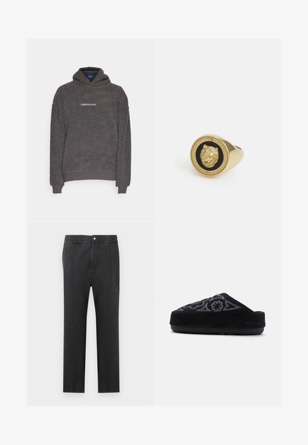 Dark gray, textured fleece hoodie with “originals Studio” text printed on the chest, ribbed cuffs and hem, displayed on a plain background.; White short-sleeve t-shirt made of soft cotton. Features a crew neck and relaxed fit, with a smooth texture and clean, unadorned design.; Black pants with an elastic waistband, flat front, two side pockets, and decorative stitching. No visible patterns or hardware details.; Black suede slip-on shoe with embroidered design, rounded toe, thick sole, and the text "MOON BOOT" on the heel. Textured surface.; Gold-tone ring featuring a raised lion motif on a black background, framed by a circular band engraved with the brand name.