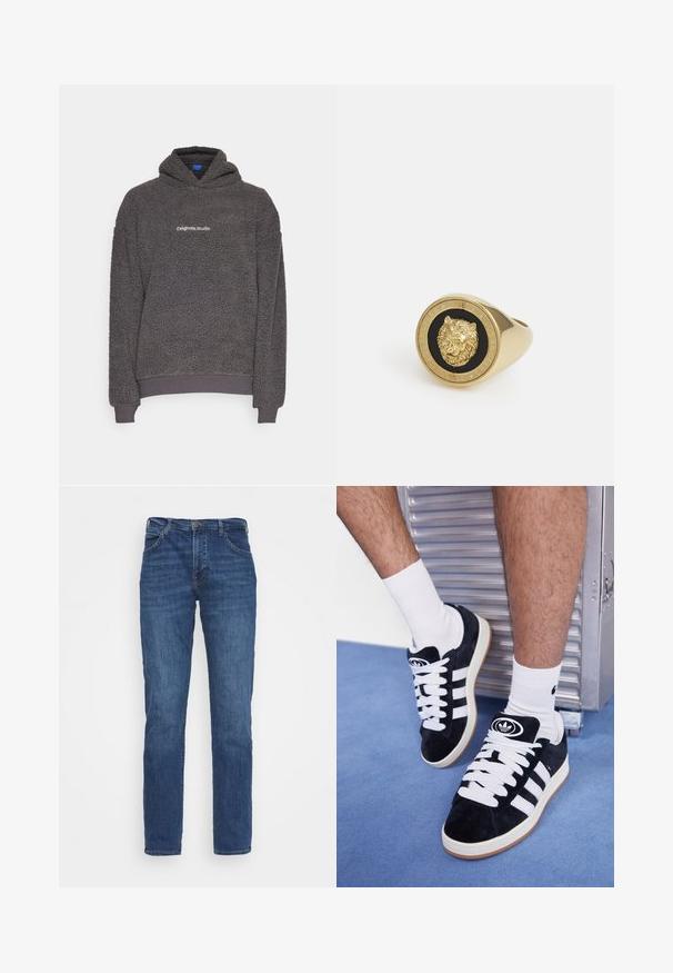Temno siva, teksturirana flis kapuca s tiskom "originals Studio" na prsih, rebrasti manšeti in rob, prikazana na enotni podlagi.; Bela majica s kratkimi rokavi, izdelana iz mehke bombažne tkanine. Ima okroglo ovratnik in sproščen kroj, z gladko teksturo in preprostim, neopremljenim dizajnom.; Modre jeans hlače s ravnim krojem, ki imajo pet žepov, kovinsko zaponko in subtilno bledenje na gladki teksturi.; Črne semiš teniske z belimi vezalkami in tremi belimi črtami. Imajo okroglo črno oznako na jezičku in gumijast podplat.; Zlati prstan z dvignjenim motivom leva na črni podlagi, obdan s krožno obrobo, vklesano z imenom blagovne znamke.