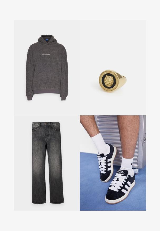 Temno siva, teksturirana flis kapuca s tiskom "originals Studio" na prsih, rebrasti manšeti in rob, prikazana na enotni podlagi.; Bela majica s kratkimi rokavi, izdelana iz mehke bombažne tkanine. Ima okroglo ovratnik in sproščen kroj, z gladko teksturo in preprostim, neopremljenim dizajnom.; Temno sivi jeansi iz denima s ravnim krojem, pet žepov, kovinsko zapiranje s gumbom in rahlim bledenjem. Čist dizajn brez vidnih vzorcev.; Črne semiš teniske z belimi vezalkami in tremi belimi črtami. Imajo okroglo črno oznako na jezičku in gumijast podplat.; Zlati prstan z dvignjenim motivom leva na črni podlagi, obdan s krožno obrobo, vklesano z imenom blagovne znamke.