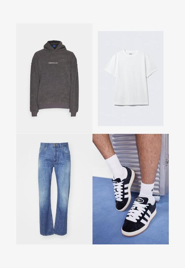 Donkergrijze, textuur fleece hoodie met de tekst "originals Studio" gedrukt op de borst, met ribgebreide manchetten en zoom, getoond op een effen achtergrond.; Witte korte mouwen t-shirt gemaakt van zacht katoen. Heeft een ronde hals en een ontspannen pasvorm, met een gladde textuur en een schone, onopgesmukte uitstraling.; Lichtblauwe denim jeans met een rechte pijp, voorzien van een lichte vervaging, vijf zakken en een knoopsluiting bij de taille.; Zwarte suède sneakers met witte veters en drie witte strepen. Heeft een cirkelvormig zwart logo op de tong en een gumrubberen zool.