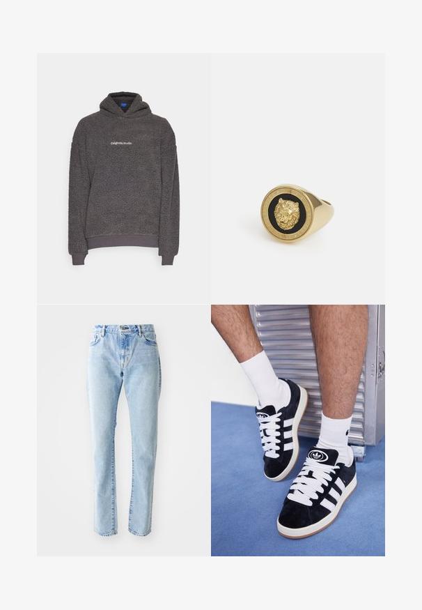 Felpa con cappuccio in pile grigio scuro e struttura, con la scritta "originals Studio" stampata sul petto, polsini e orlo a coste, esposta su uno sfondo semplice.; T-shirt bianco a maniche corte realizzato in cotone morbido. Presenta un collo a giro e una vestibilità rilassata, con una texture liscia e un design semplice e privo di decorazioni.; Jeans in denim azzurro chiaro con un design a gamba dritta, cinque tasche e vita alta. Leggera sbiaditura e nessun abbellimento visibile.; Sneakers in suede nero con lacci bianchi e tre strisce bianche. Presentano un logo circolare nero sulla linguetta e una suola in gomma color gomma.; Anello dorato con un motivo di leone in rilievo su sfondo nero, incorniciato da una banda circolare incisa con il nome del marchio.