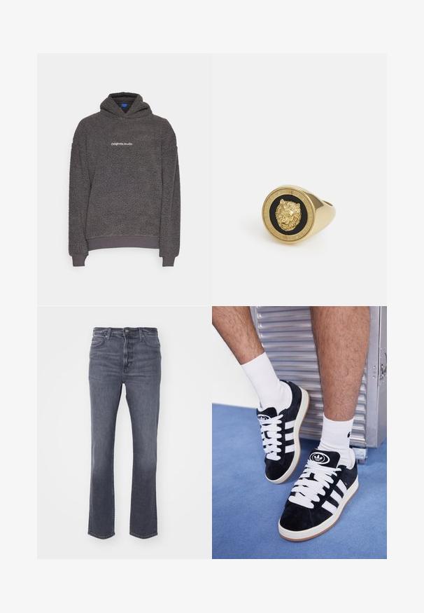 Tamsiai pilkas, tekstūruotas fliso džemperis su užrašu "originals Studio" ant krūtinės, su gofruotomis rankogaliais ir apatine dalimi, rodomas ant vienspalvio fono.; Balta trumpa rankovėmis marškinėliai, pagaminti iš minkštos medvilnės. Turi apvalų iškirpimą ir laisvą siluetą, su lygaus paviršiaus ir švariu, nenutapytu dizainu.; Pilkos džinsinės kelnės su tiesiu kirpimu, penkių kišenėmis, švelniu nusidėvėjimu, mygtuko ir užtrauktuko užtrauktuku bei klasikiniu liemeniu.; Juodos zomšos sportbačiai su baltais raišteliais ir trimis baltais dryžiais. Ant liežuvėlio yra apvalus juodas logotipas, o pado medžiaga – guminė.; Auksinės spalvos žiedas su iškeltu liūto motyvu juodame fone, apsuptas apvaliu bane, raižytu prekės ženklu.