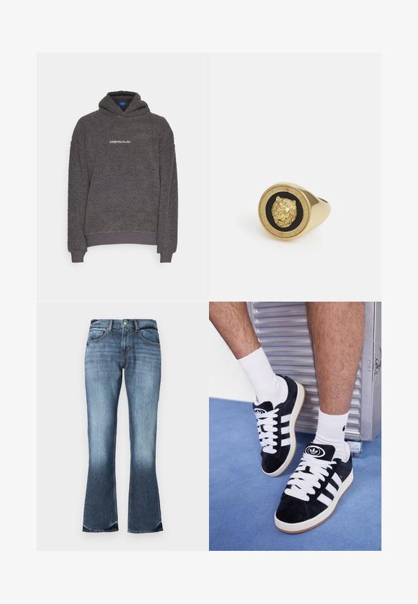 Sudadera con capucha de felpa texturizada en gris oscuro, con el texto "originals Studio" impreso en el pecho, puños y dobladillo acanalados, presentada sobre un fondo liso.; Camiseta blanca de manga corta hecha de algodón suave. Presenta un cuello redondo y un corte holgado, con una textura suave y un diseño limpio y sin adornos.; Pantalones vaqueros acampanados de mezcla azul con cintura de media altura, diseño de cinco bolsillos y ligero desgaste para un aspecto desgastado. Textura suave en toda la prenda.; Zapatillas de ante negras con cordones blancos y tres rayas blancas. Presentan un logotipo circular negro en la lengüeta y una suela de goma color caramel.; Anillo en tono dorado con un motivo de león en relieve sobre un fondo negro, enmarcado por una banda circular grabada con el nombre de la marca.