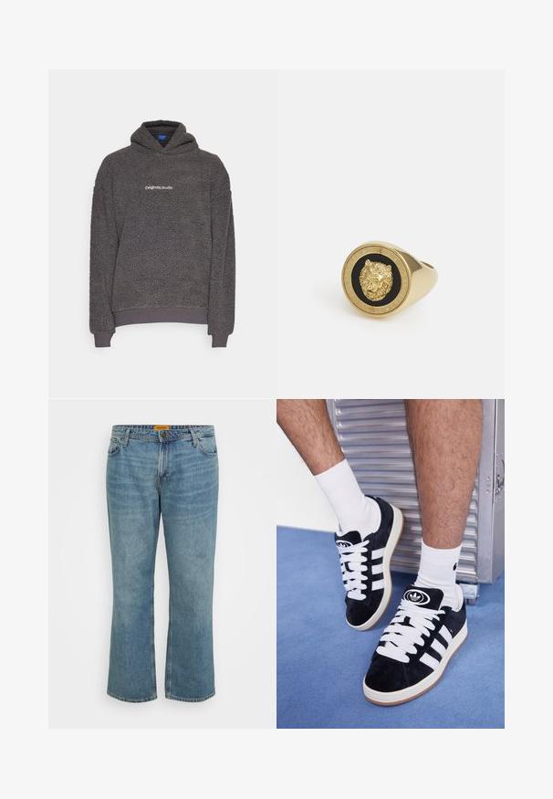 Sötétszürke, textúrált polár pulóver "originals Studio" felirattal a mellkason, bordázott mandzsettákkal és szegéllyel, egyszerű háttéren bemutatva.; Fehér, rövid ujjú póló, puha pamutból készült. Kerek nyakkivágással és laza szabással rendelkezik, sima textúrával és egyszerű, díszítés nélküli kivitelben.; Világoskék farmernadrág, egyenes lábbal, öt zsebbel, látható varrással és cipzáros záródással. A címke sárga a derékrészen.; Fekete velúr sportcipők fehér fűzőkkel és három fehér csíkkal. A nyelvén egy kör alakú fekete logó található, valamint egy gumis talp.; Arany színű gyűrű, kiemelkedő oroszlánmotívummal, fekete háttérrel, amelyet a márkanevével gravírozott kör alakú sáv keretez.