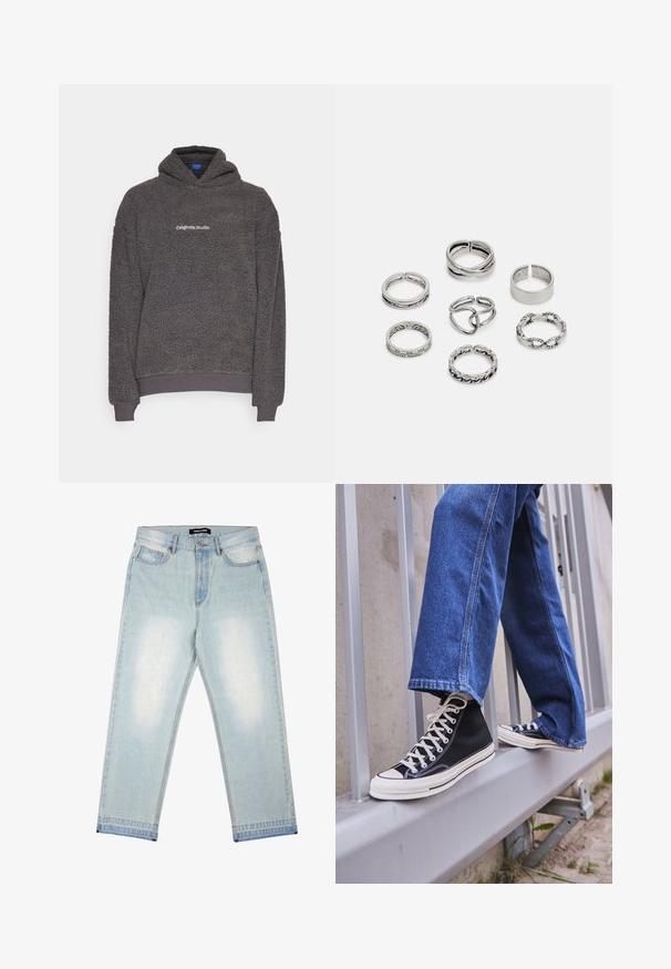 Tumši pelēkā, teksturētā flīsa kapuce ar "originals Studio" tekstu, kas izdrukāts uz krūtīm, ribota aproce un apakšmalu, attēlota uz viendabīga fona.; Balts īsām piedurknēm T-krekls, izgatavots no maiga kokvilnas. Tam ir apaļa kakla izgriezne un brīva piegriezuma siluets, ar gludu tekstūru un tīru, vienkāršu dizainu.; Pegador BARROW - Brīvi džinsi - sand washed blue; Melnas augstas kedas ar baltu zoli un auklām, apvienotas ar brīvām zilām džinsām, atpūšoties uz pelēka margotā balsta.; Septi sudraba gredzeni ar dažādām dizaina iezīmēm, ieskaitot savītas, savienotas un iegravētas formas. Atšķirīgas formas un platumi.