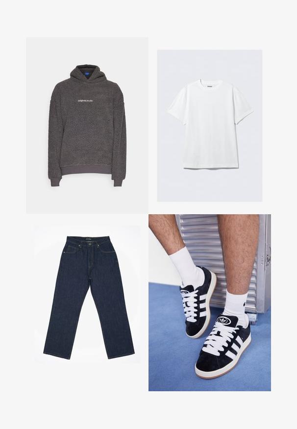 Dark gray, textured fleece hoodie with “originals Studio” text printed on the chest, ribbed cuffs and hem, displayed on a plain background.; White short-sleeve t-shirt made of soft cotton. Features a crew neck and relaxed fit, with a smooth texture and clean, unadorned design.; Dark blue denim jeans with a straight-leg design, featuring yellow stitching, five pockets, and a button closure at the waistband.; Black suede sneakers with white laces and three white stripes. Features a circular black logo on the tongue and a gum rubber sole.