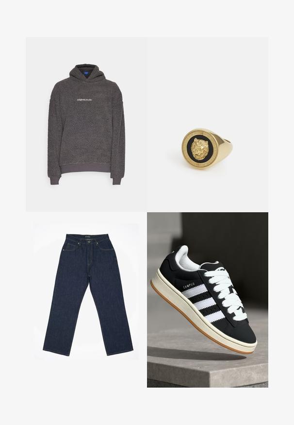 Tmavě šedá mikina s texturou z fleecového materiálu s nápisem "originals Studio" potištěným na hrudi, s žebrovanými manžetami a dolním lemem, umístěná na jednobarevném pozadí.; Bílý tričko s krátkým rukávem vyrobené z měkké bavlny. Má kulatý výstřih a volný střih, s hladkou texturou a čistým, nezdobeným designem.; Tmavě modré džíny s rovnými nohavicemi, s žlutým šitím, pěti kapsami a knoflíkovým zapínáním v pase.; Černá teniska s bílými pruhy, šněrováním, texturovaným svrškem a gumovou podrážkou. Na boku je logo "CAMPUS" a gumová podrážka.; Zlatý prsten s vyvýšeným motivem lva na černém pozadí, orámovaný kruhovým pásem s vyrytým názvem značky.