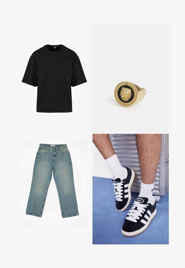 Tumši pelēkā, teksturētā flīsa kapuce ar "originals Studio" tekstu, kas izdrukāts uz krūtīm, ribota aproce un apakšmalu, attēlota uz viendabīga fona.; Urban Classics SCUBA TEE - Pamata T-krekls - black; Gai zilo džinsu bikses ar augstu jostu un plašu pieguļojumu. Iezīmētas ar priekšējām kabatām, rāvējslēdzēja aizdari un redzamām šuvēm.; Melni zamšaini sporta apavi ar baltiem šņorēm un trim baltām svītrām. Iekļauj arī apaļu melnu logotipu uz mēles un gumijas zoli.; Zelta tonis gredzens ar izceļošu lauva motīvu uz melna fona, ko ieskauj apļa formas josla, kas ir iegravēta ar zīmola nosaukumu.