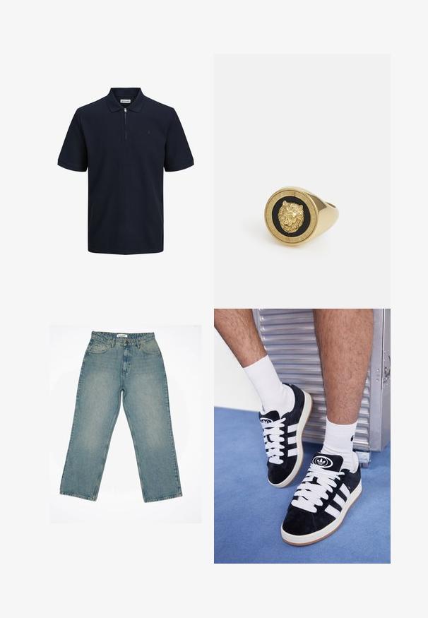 Temno siva, teksturirana flis kapuca s tiskom "originals Studio" na prsih, rebrasti manšeti in rob, prikazana na enotni podlagi.; Mornarica polo majica s kratkimi rokavi, teksturirana tkanina, ovratnik in polni zadrga. Ima majhen logotip na levem prsnem delu.; Svetlo modri traper hlače z visokim pasom in širokimi hlačnicami. Imajo sprednje žepe, zadrgo in vidne šive.; Črne semiš teniske z belimi vezalkami in tremi belimi črtami. Imajo okroglo črno oznako na jezičku in gumijast podplat.; Zlati prstan z dvignjenim motivom leva na črni podlagi, obdan s krožno obrobo, vklesano z imenom blagovne znamke.