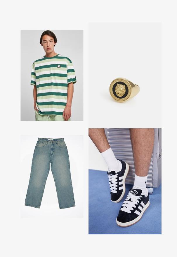 Tumši pelēkā, teksturētā flīsa kapuce ar "originals Studio" tekstu, kas izdrukāts uz krūtīm, ribota aproce un apakšmalu, attēlota uz viendabīga fona.; Starter STARTER SUN STRIPES - Apdrukāts T-krekls - darkfreshgreen vintagegreen white; Gai zilo džinsu bikses ar augstu jostu un plašu pieguļojumu. Iezīmētas ar priekšējām kabatām, rāvējslēdzēja aizdari un redzamām šuvēm.; Melni zamšaini sporta apavi ar baltiem šņorēm un trim baltām svītrām. Iekļauj arī apaļu melnu logotipu uz mēles un gumijas zoli.; Zelta tonis gredzens ar izceļošu lauva motīvu uz melna fona, ko ieskauj apļa formas josla, kas ir iegravēta ar zīmola nosaukumu.