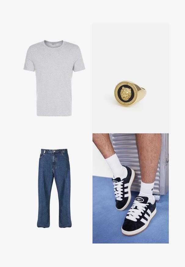 Tamsiai pilkas, tekstūruotas fliso džemperis su užrašu "originals Studio" ant krūtinės, su gofruotomis rankogaliais ir apatine dalimi, rodomas ant vienspalvio fono.; Pilkas medvilnės t-shirt'as su apvalia apykakle, trumpomis rankovėmis ir vientisu dizainu, pasižymintis švelnia, lygiąja tekstūra be matomų raštų ar puošmenų.; Tamsiai mėlynos džinsinės kelnės, tiesaus kirpimo, klasikiniu penkių kišenių stiliumi ir matomomis siūlėmis.; Juodos zomšos sportbačiai su baltais raišteliais ir trimis baltais dryžiais. Ant liežuvėlio yra apvalus juodas logotipas, o pado medžiaga – guminė.; Auksinės spalvos žiedas su iškeltu liūto motyvu juodame fone, apsuptas apvaliu bane, raižytu prekės ženklu.