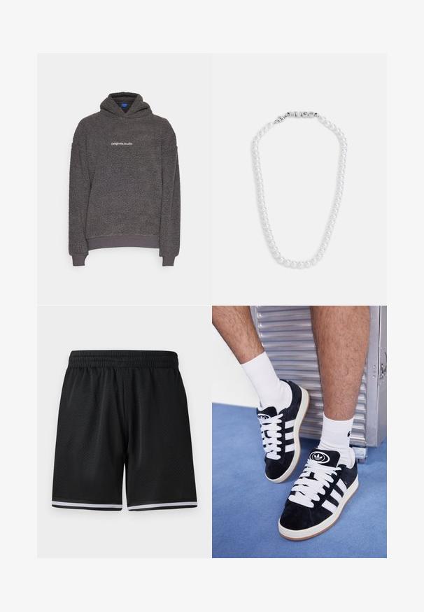 Dark gray, textured fleece hoodie with “originals Studio” text printed on the chest, ribbed cuffs and hem, displayed on a plain background.; Black mesh athletic shorts with an elastic waistband, featuring white stripes along the hem for added detail. Lightweight and breathable material.; Black suede sneakers with white laces and three white stripes. Features a circular black logo on the tongue and a gum rubber sole.; White pearl necklace with a smooth texture, featuring a silver clasp embossed with the word "HUGO." Evenly sized pearls in a classic design.