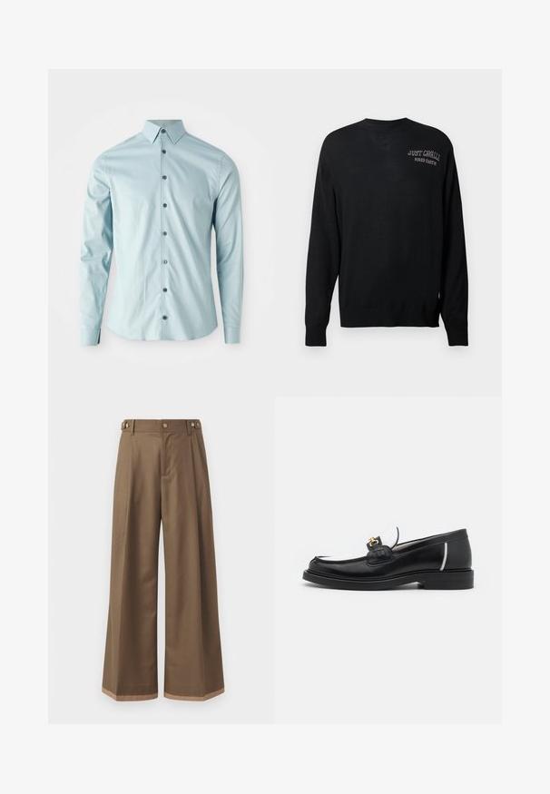 Juodas megztinis su ilgomis rankovėmis, apvaliu kaklu ir raukšlėtomis rankogaliais. Ant jo išsiuvinėti užrašai "JUST CAVALLI" ir "FIRED EARTH" baltos spalvos.; Šviesiai mėlynas ilgomis rankovėmis marškinys, pagamintas iš lygios medžiagos, su smailiu apykakle ir šešiais tamsiais mygtukais priekyje.; Plati kelnės tamsiai rudos spalvos audinys, su dviem šoninėmis kišenėmis, dviem dekoratyviniais priekinias mygtukais ir kontrastingu apdaila apačioje.; Juodas odinis loaferis su apvaliu pirštu, baltomis detalėmis ir auksinėmis detalėmis ant priekinės dalies. Turi tekstūruotą detalę ir sluoksniuotą kulną.