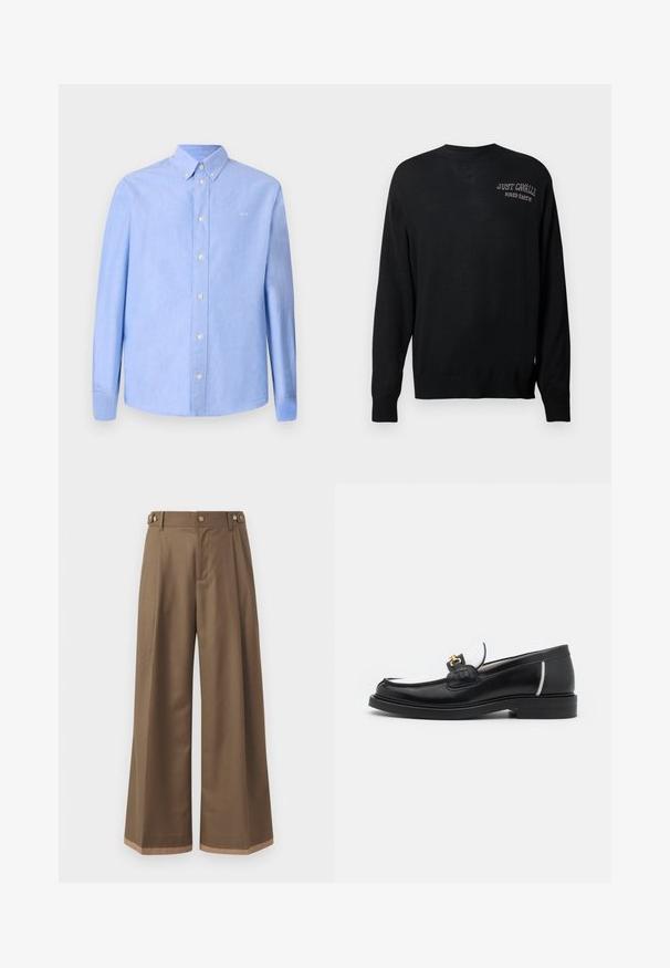 Melna adīta džemperis ar garām piedurknēm, apaļu kakla izgriezumu un ribotām aprocēm. Uzraksts "JUST CAVALLI" un "FIRED EARTH" ir izšūti baltā krāsā.; Gaiši zils garām piedurknēm krekls, izgatavots no auduma ar gludu tekstūru. Tam ir pogājama apkakle un baltās pogas. Mazs logo uz krūšu daļas.; Plati bikses tumši brūnā audumā, ar divām sānu kabatām, diviem dekoratīviem priekšējiem pogām un kontrastējošu apakšējo malumu detaļu.; Melnas ādas loferes ar noapaļotu purngalu, baltajiem akcentiem un zeltainām detaļām uz vamp. Iespējams, teksturēts pleksis un sakrauta papēža.